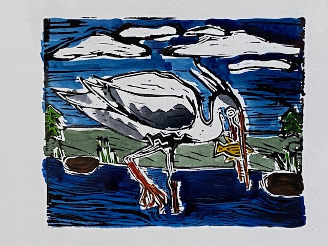 A print by Cindy Gipple, titled "Heron."